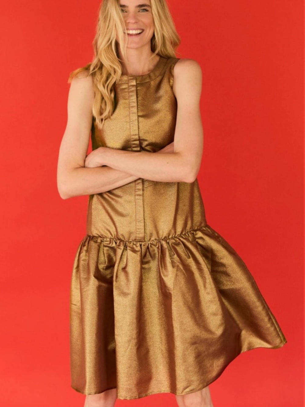 Buru Gold Metallic Drop Waist Sleeveless Dress New S